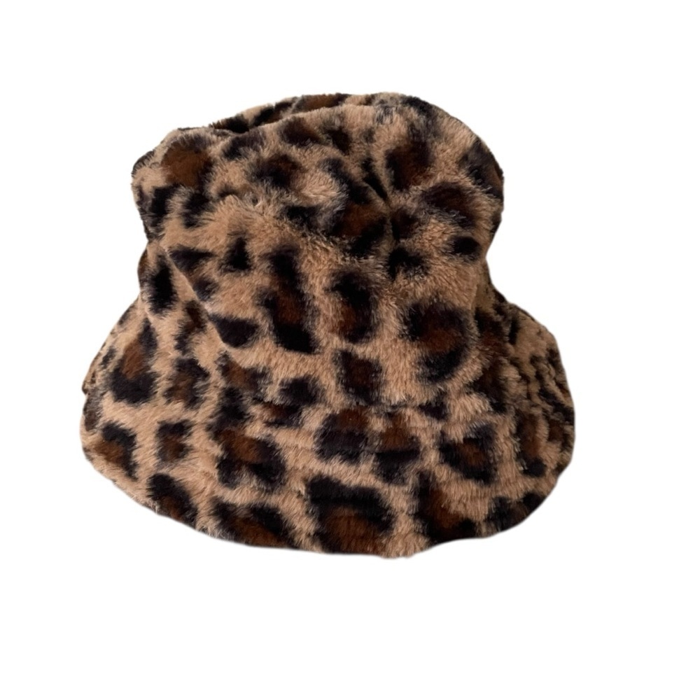 David and Young Animal Print Bucket Hat Faux Fur Plush Soft One Size Brown